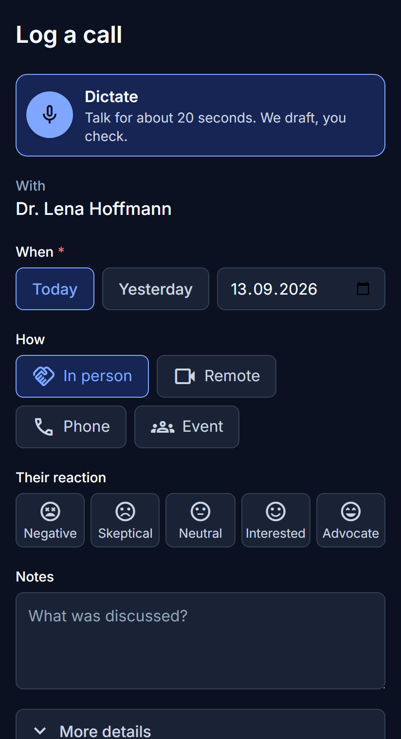 The call report form on a phone, with dictation at the top.